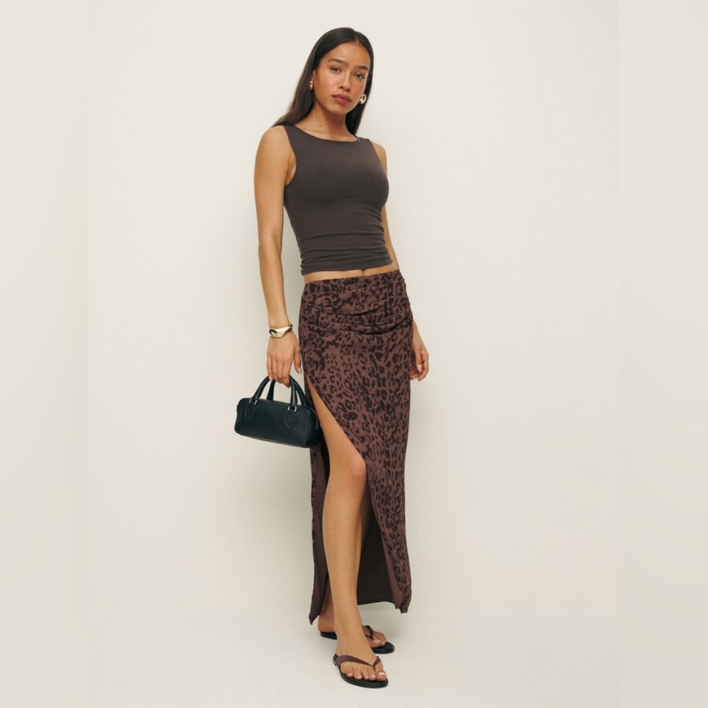Reformation Evalin Low Waist Brown Leopard Maxi Skirt Size 2 Resortwear Vacation
